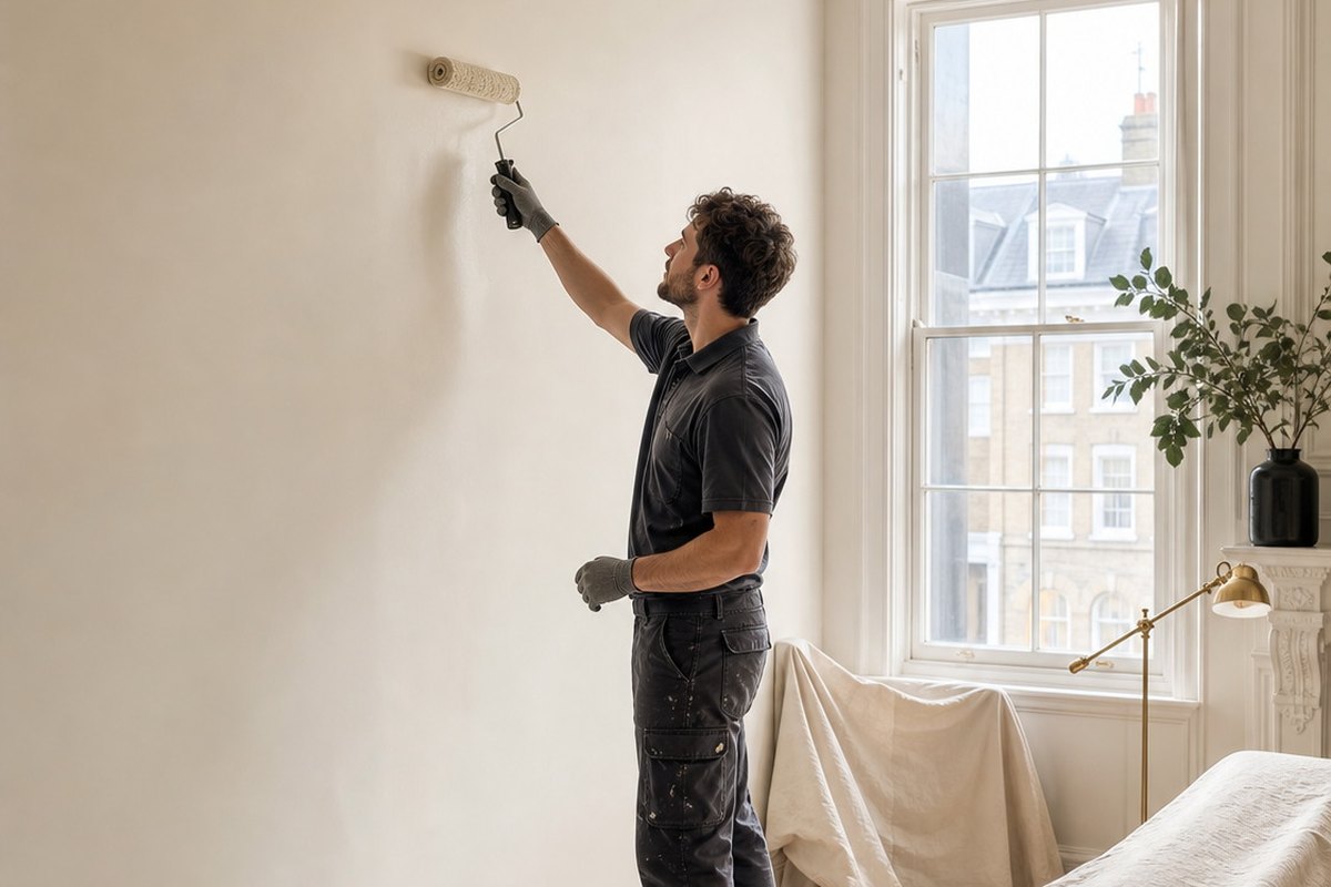 London building professional preparing and decorating an interior wall