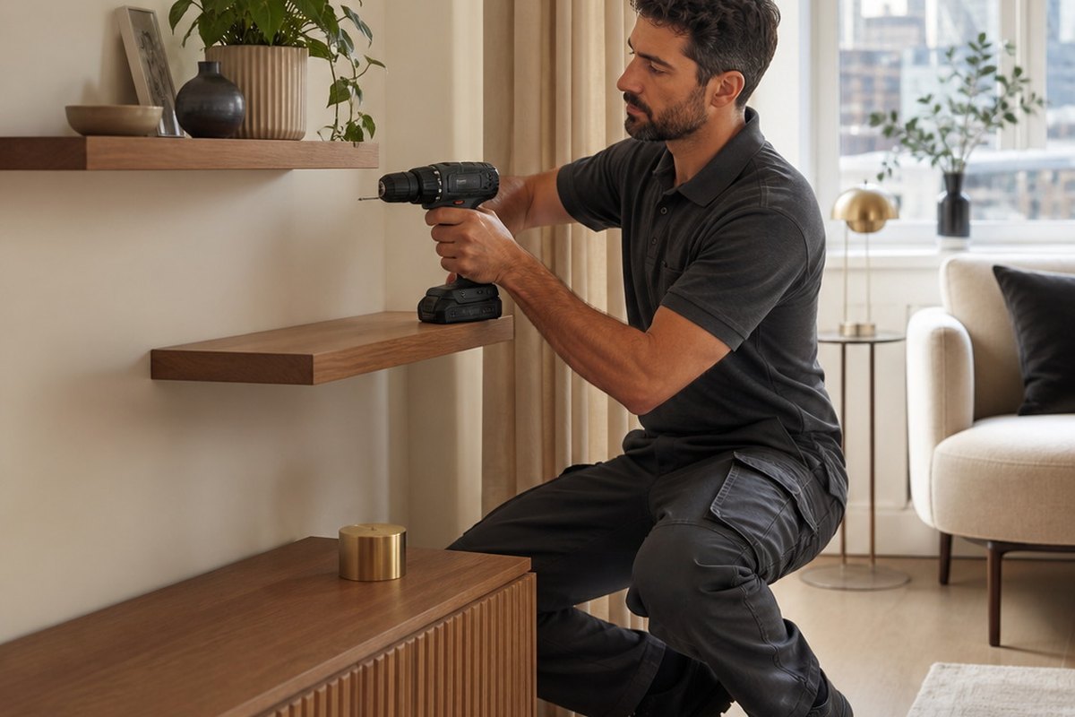 London handyman installing a shelf with professional tools