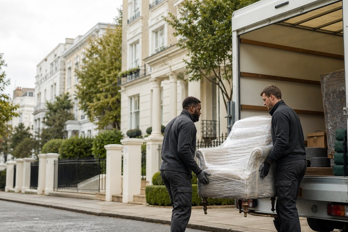 Two movers loading furniture into a van on a London street