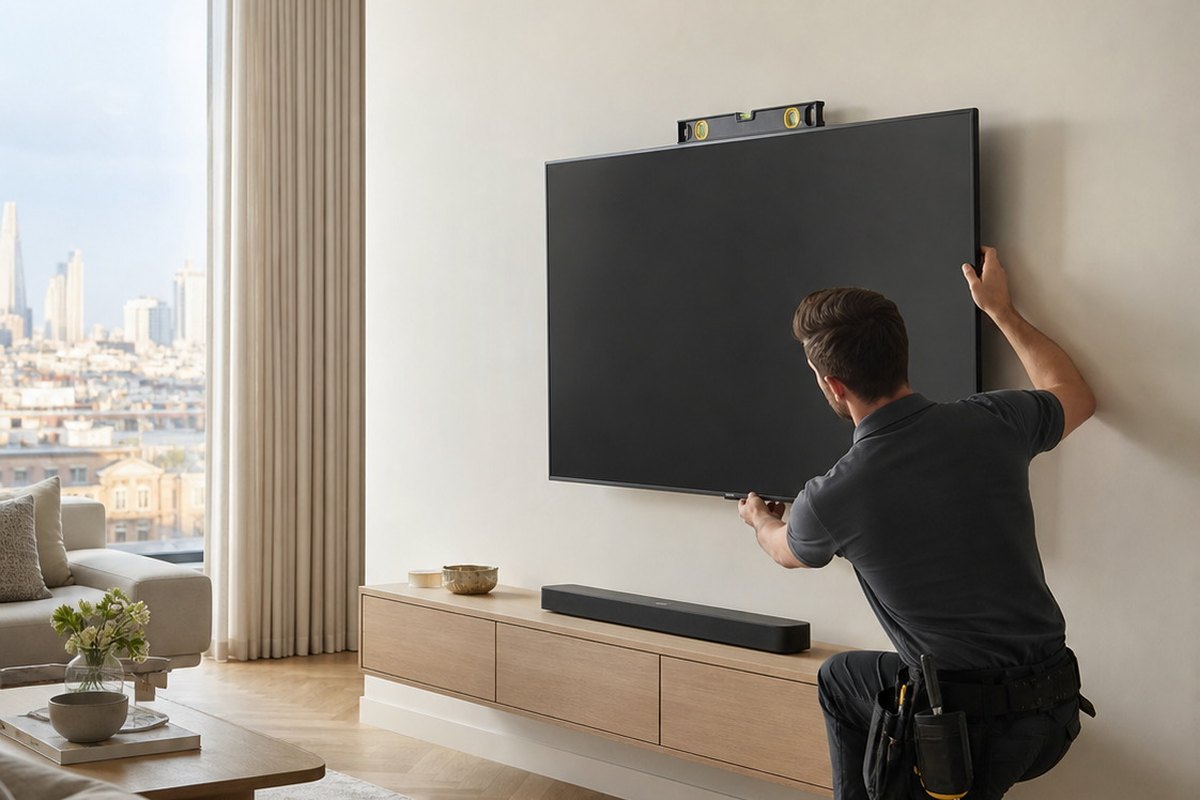 TV installer levelling a wall-mounted television in a London flat