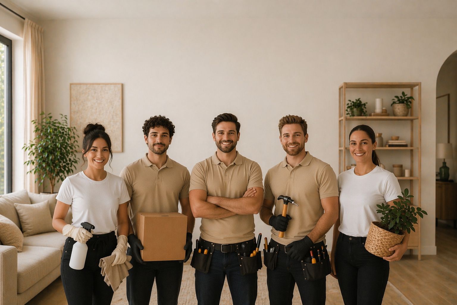 Hausio cleaner in branded uniform polishing a marble table in a bright London living room