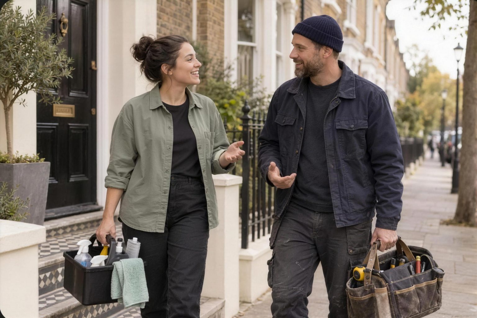 A cleaner with a caddy of cleaning supplies and a handyman with a tool bag walking along a London street